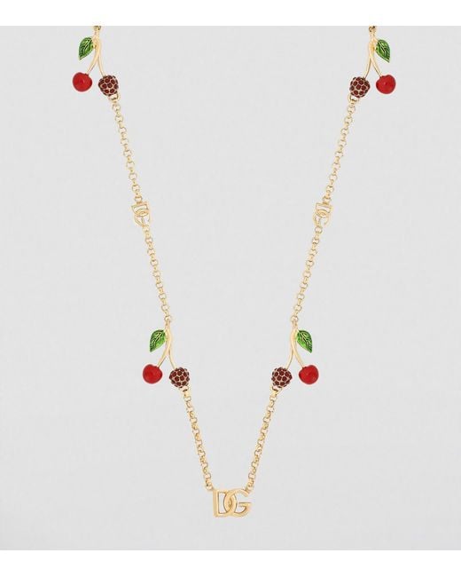 Dolce & Gabbana Metallic Embellished Cherry Logo Necklace