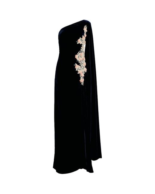 Costarellos Black Velvet Embellished One-Shoulder Gown