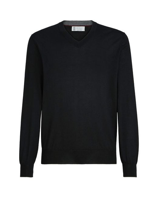 Brunello Cucinelli Black Cashmere-Silk V-Neck Sweater for men