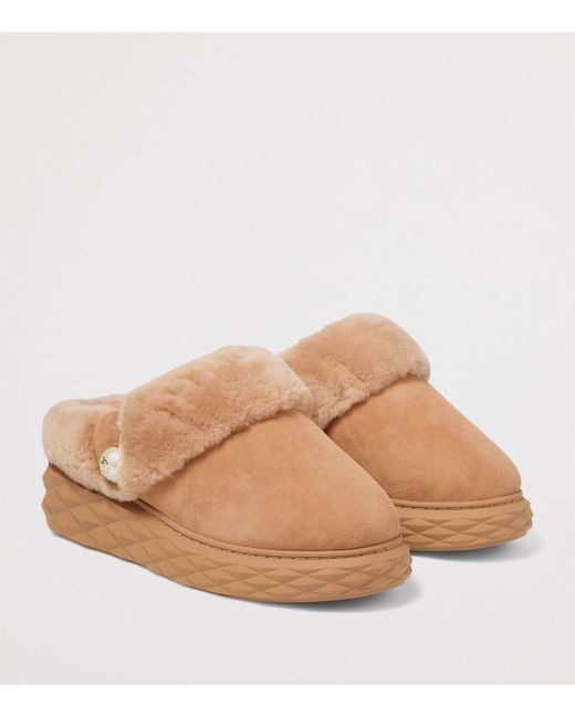 Jimmy Choo Brown Diamond Maxi Suede-Shearling Mules