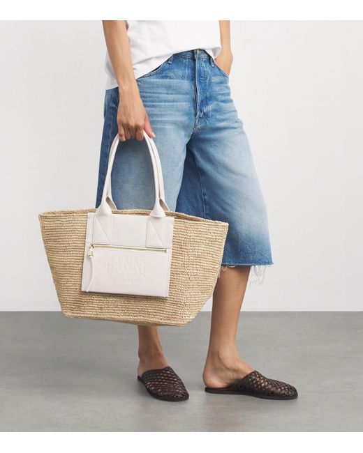 Ganni Natural Medium Raffia-Leather Tote Bag