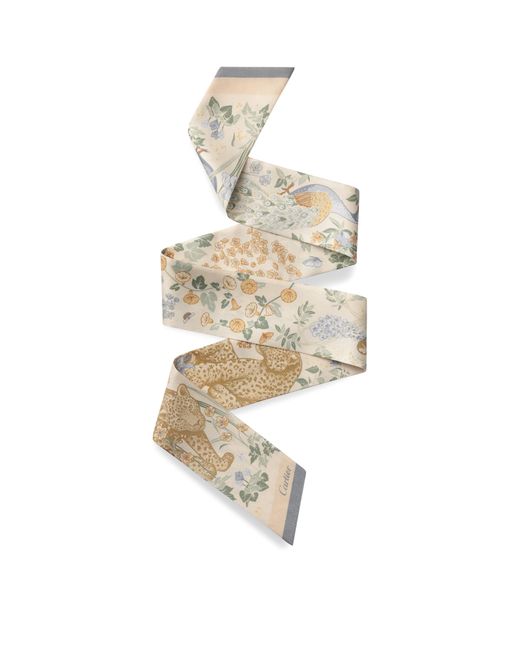 Cartier White Silk Blooming Panthère Skinny Scarf