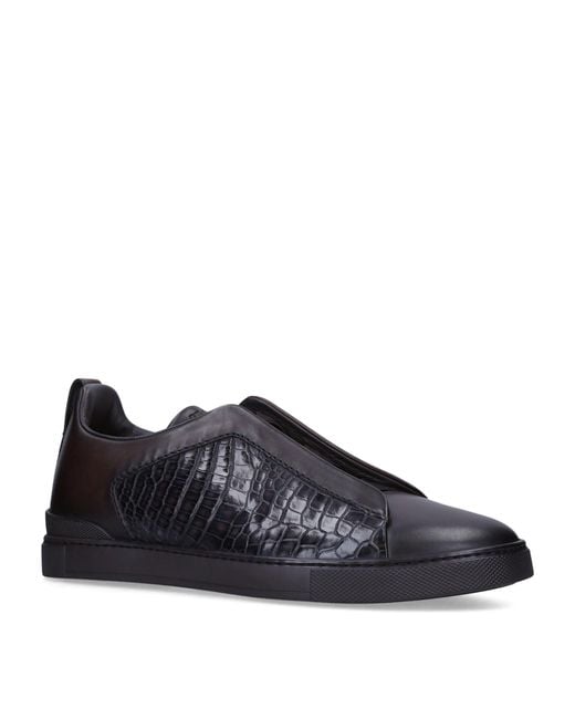 Zegna Blue Crocodile Leather Triple Stitch Sneakers for men