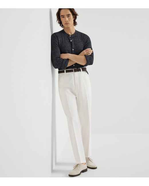 Brunello Cucinelli White Cotton Gabardine Tailored Trousers for men