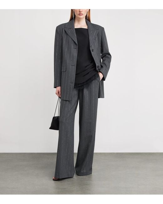 Self-Portrait Gray Embellished Pinstripe Wide-Leg Trousers