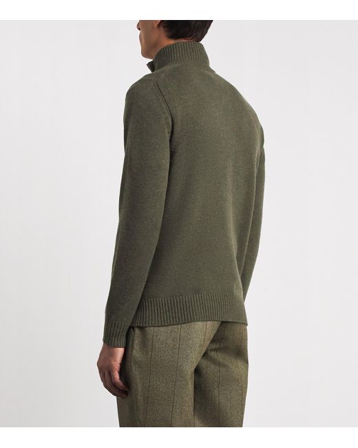 James Purdey & Sons Green Cashmere Leather Trim Quarter-Zip Sweater for men