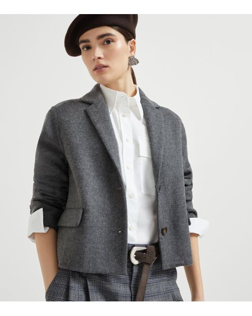 Brunello Cucinelli Gray Double Virgin Wool Cropped Blazer