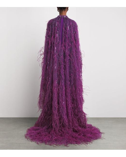 Pamella Roland Purple Tulle Embellished Feather-Trim Gown