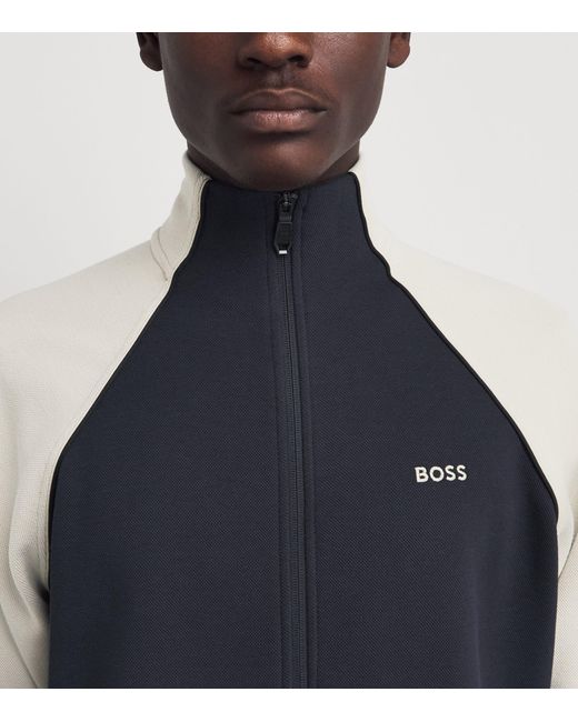Boss Blue Cotton-Blend Zip-Up Sweatshirt for men