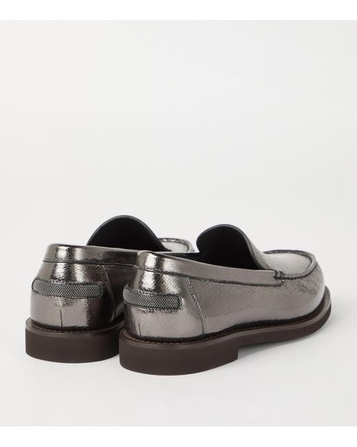 Brunello Cucinelli Gray Lamé Calfskin Penny Loafers