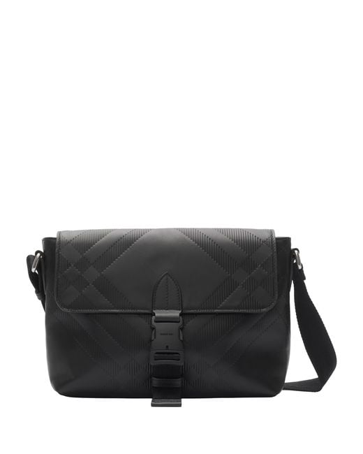 Burberry Black Small Leather Check-Embossed Messenger Bag for men