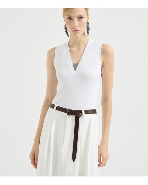 Brunello Cucinelli White Embellished Stretch-Cotton T-Shirt