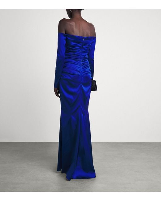 Talbot Runhof Blue Stretch-Satin Gathered Column Gown