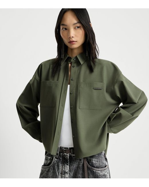 Brunello Cucinelli Green Virgin Wool-Blend Monili-Tab Shirt
