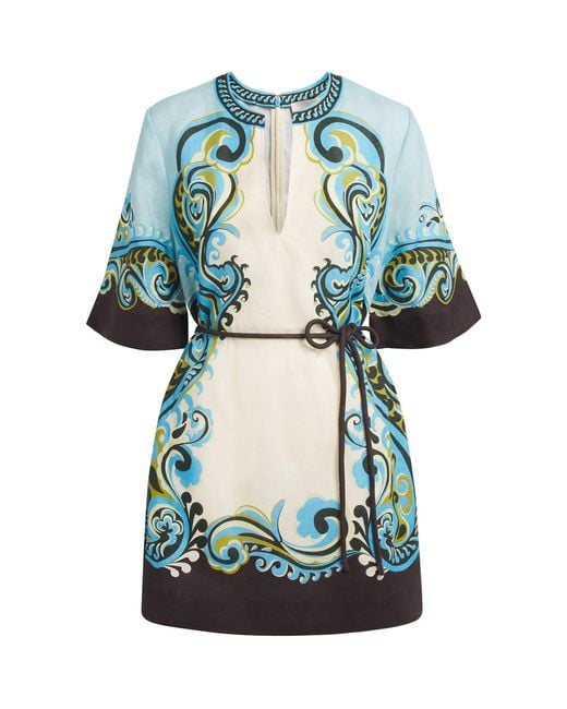 ALÉMAIS Blue Linen Printed Natalia Mini Dress