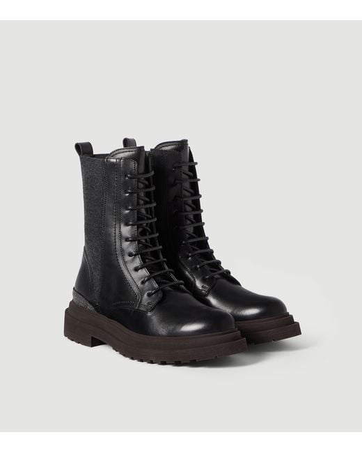Brunello Cucinelli Black Leather Monili Ankle Boots