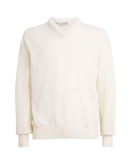 Jil Sander White Wool V-Neck Sweater for men
