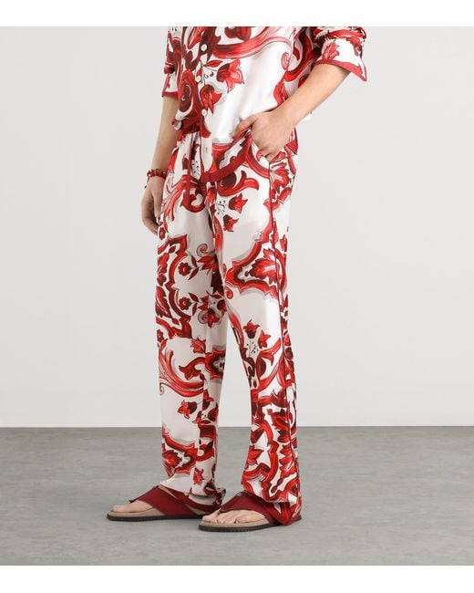 Dolce & Gabbana Red Silk Majolica Print Trousers
