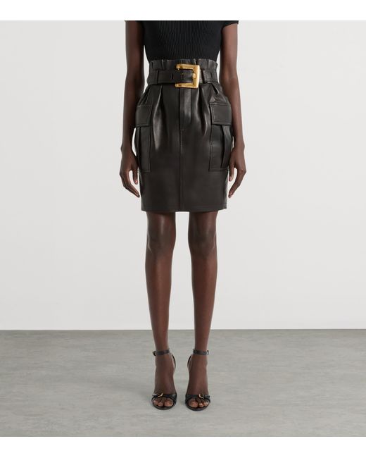 Balmain Black Lambskin Belted Midi Skirt