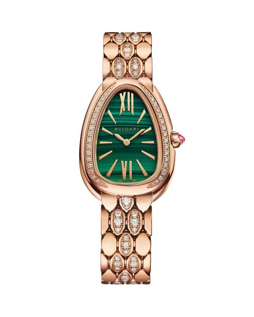 BVLGARI Metallic Rose, Diamond And Malachite Serpenti Seduttori Watch 33Mm