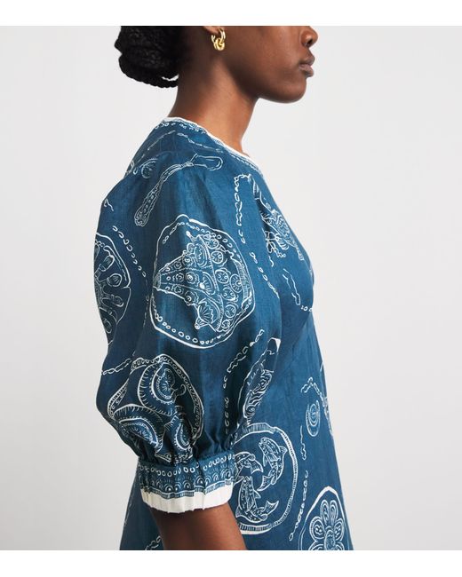ALÉMAIS Blue Linen Printed Lucky Midi Dress
