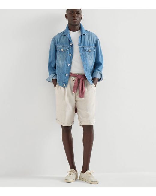 Brunello Cucinelli White Linen Drawstring Bermuda Shorts for men