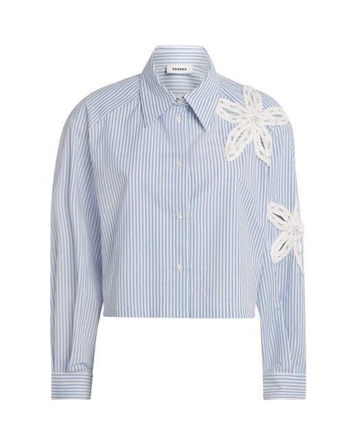 Sandro Blue Stretch-Cotton Floral Stripe Shirt