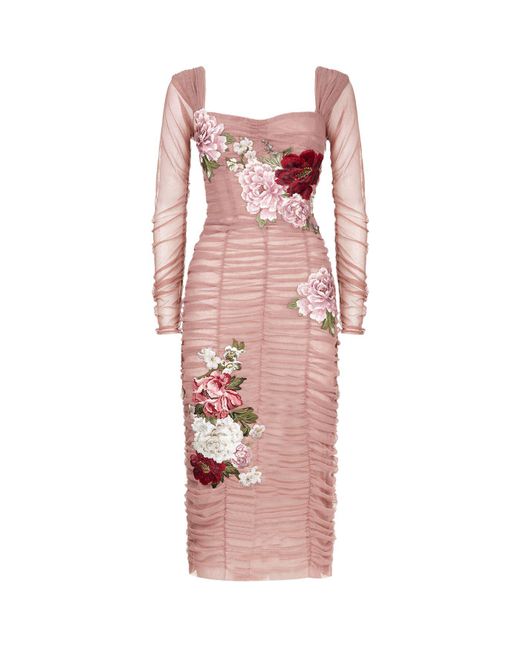 Dolce & Gabbana Pink Ruched Tulle Midi Dress