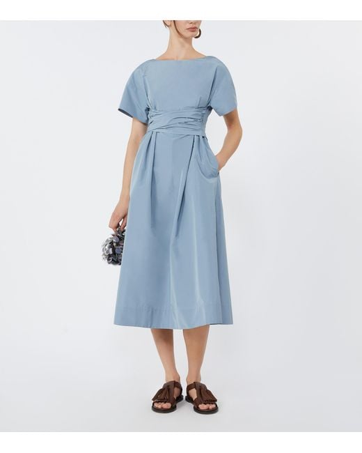 Max Mara Blue Taffeta Gathered Midi Dress