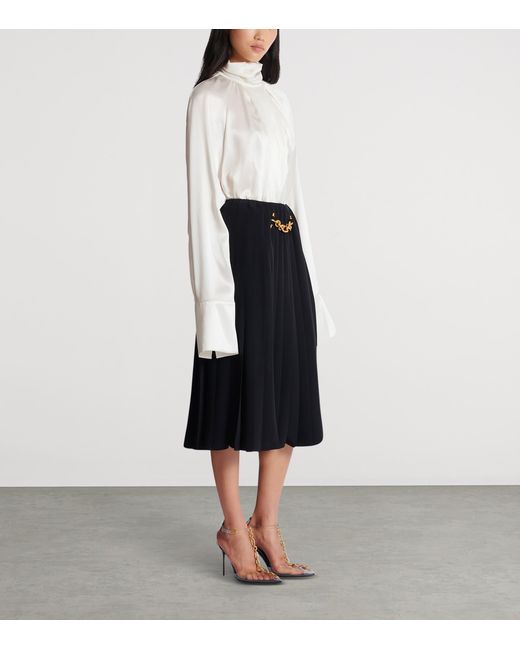Balmain Black Chain-Detail Pleated Midi Skirt