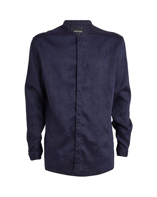 Giorgio Armani Blue Linen Band-collar Shirt for men