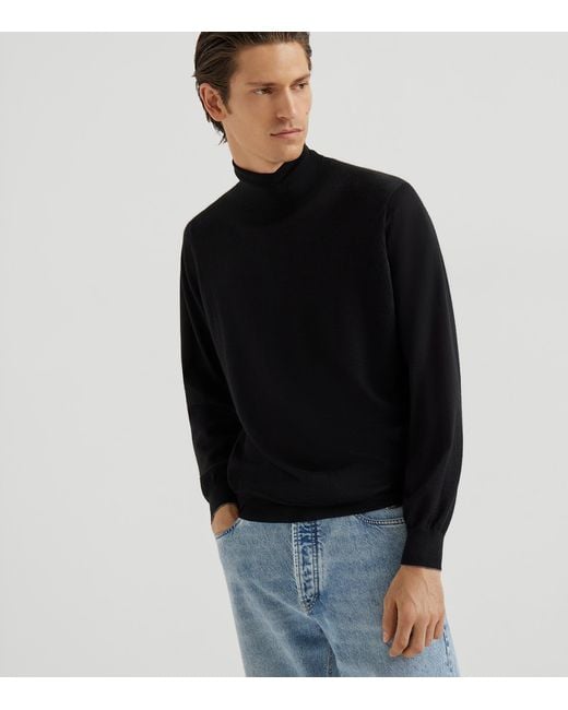 Brunello Cucinelli Blue Silk-Cashmere Rollneck Sweatshirt for men
