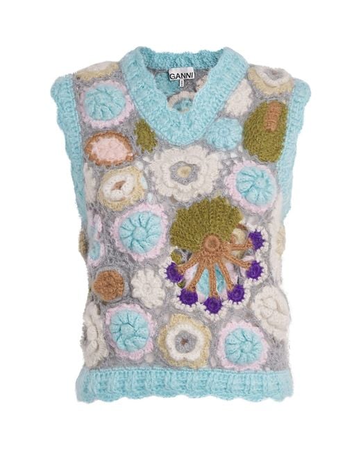 Ganni Blue Mohair-Blend Dreamy Floral Sweater Vest