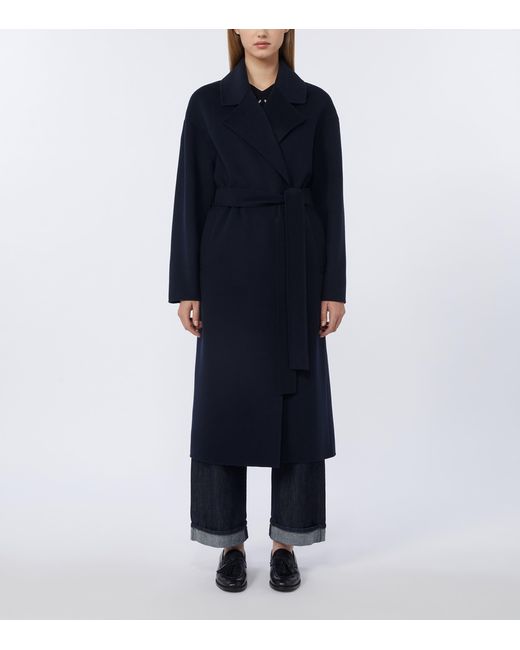 Max Mara Blue Virgin Wool Belted Coat