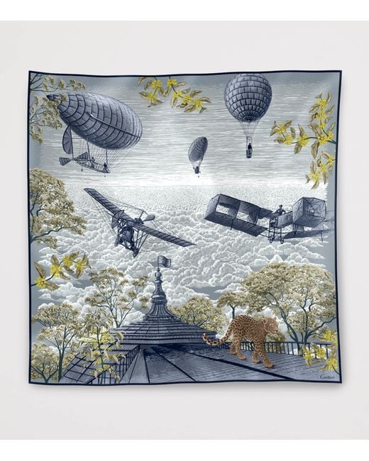 Cartier Blue Silk Santos Aéronaute Double-Sided Scarf