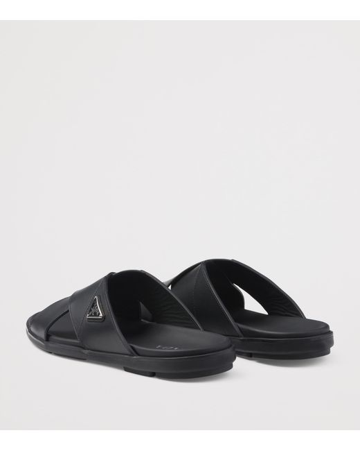 Prada Black Leather Crisscross Logo Slides for men