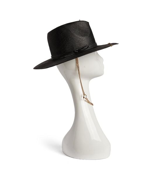 Ruslan Baginskiy Black Straw Fedora Hat With Chain Chin Strap