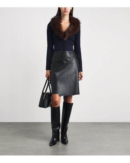 Self-Portrait Blue Cropped Faux Fur-Trim Cardigan