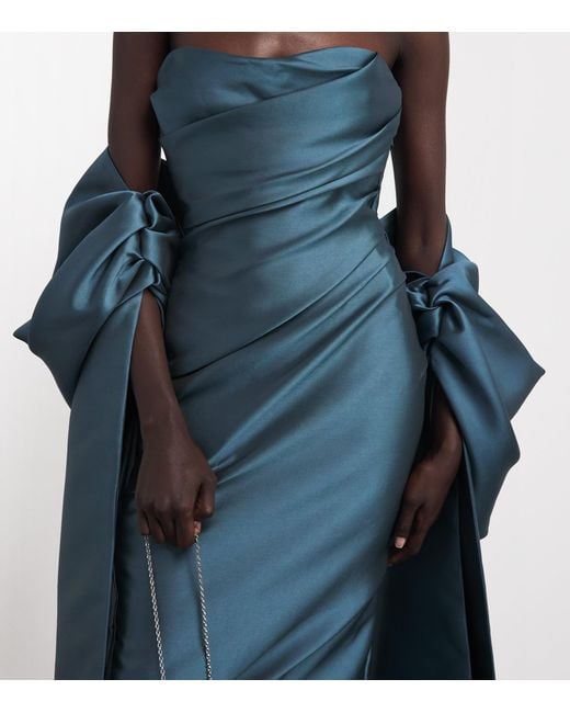 Marmar Halim Blue Satin Cape Column Gown