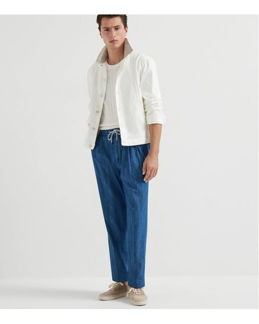 Brunello Cucinelli Blue Denim Drawstring Trousers for men