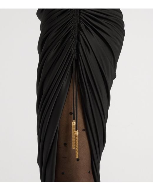 Balmain Black Jersey Ruched Midi Skirt