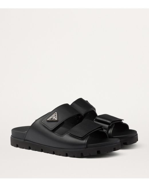 Prada Leather Logo-Plaque Sandals in Black for Men | Lyst UK