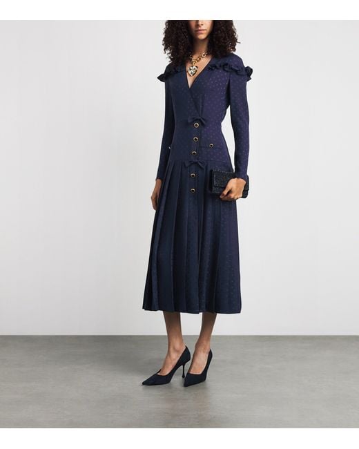 Alessandra Rich Blue Silk Pleated Midi Dress
