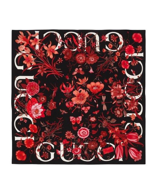 Gucci Red Floral Print Silk Carré