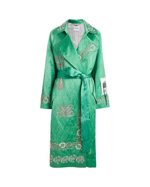 Erdem Green Satin Embellished Belted Coat