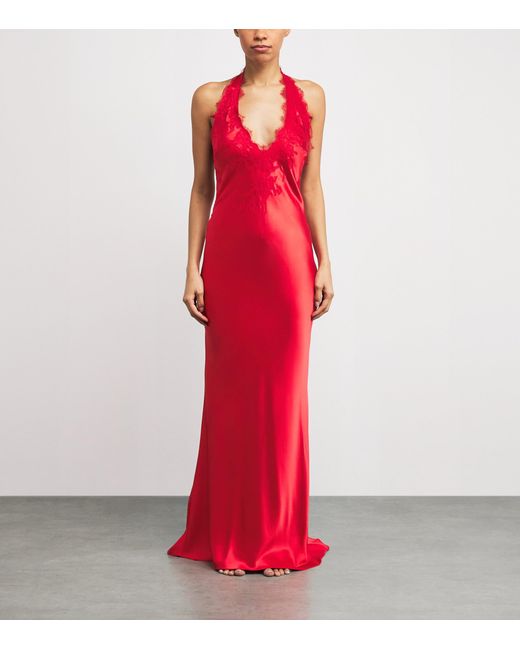 Torlowei Red Silk Lace-Detail Slip Maxi Dress