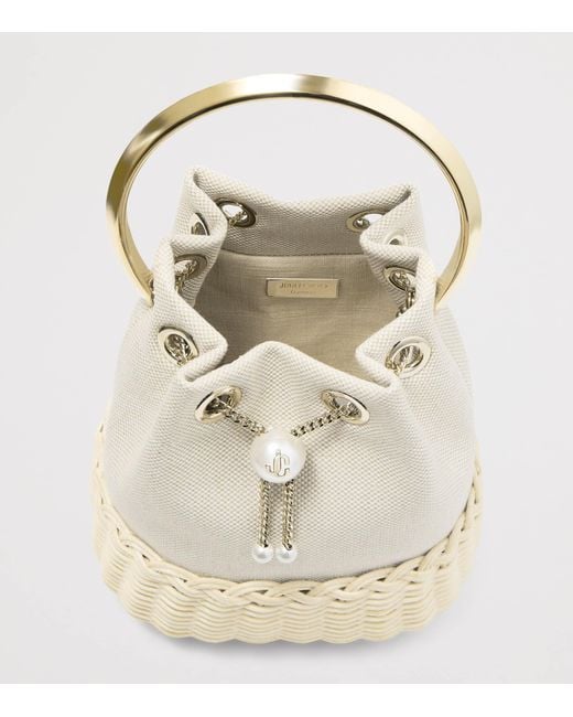 Jimmy Choo White Bon Bon Canvas And Raffia Top-Handle Bag