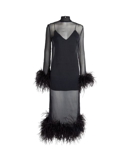 ‎Taller Marmo Black Ostrich Feather Gina Midi Dress