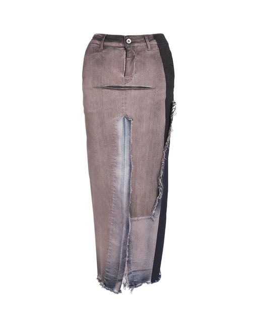 Rick Owens Gray Distressed Denim Midi Skirt