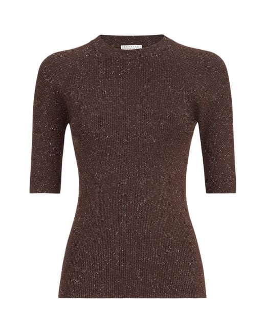 Brunello Cucinelli Brown Cashmere Sparkling Short-Sleeve Sweater
